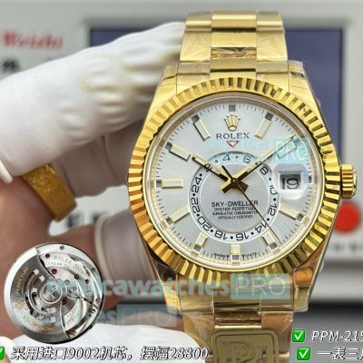 PPM Swiss Clone Gain Weight Rolex Sky-Dweller World Timer Silver Dial Yellow Gold Watch 